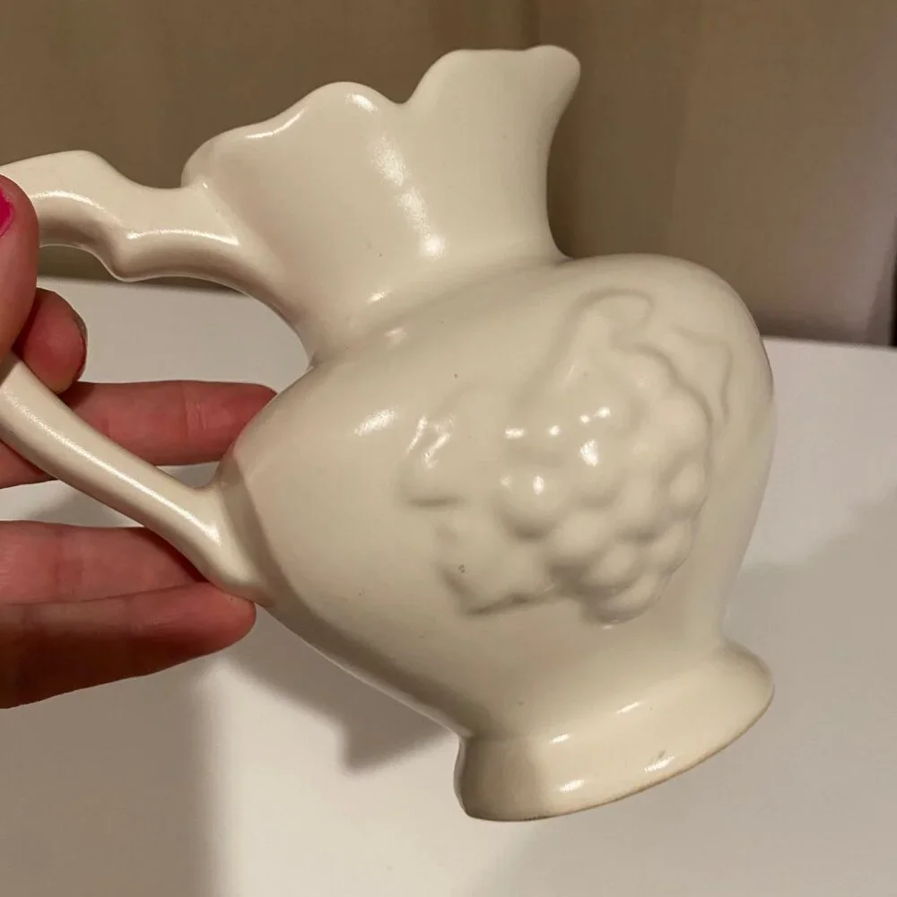 Vintage Cream Stoneware Pitcher Vase – Raised‎ Grape Design, Farmhouse Style